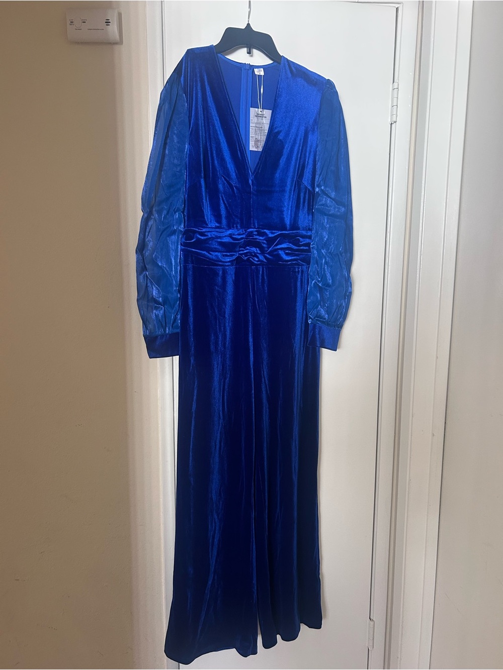 Elegant Royal Blue Crushed Velvet Long Pant Suit with sheer sleeves. Size L